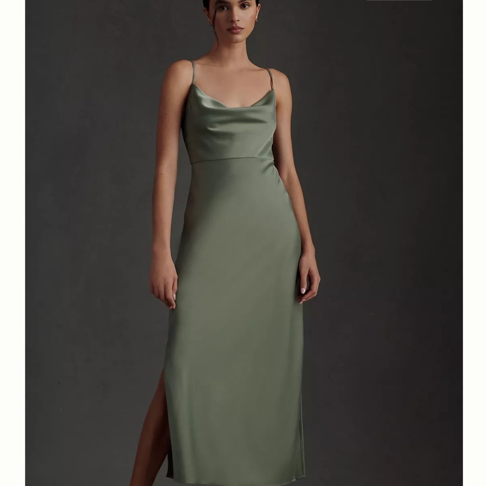 COPY - BHLDN Cali Satin Cowl-Neck Midi Slip Dress. Color Moss